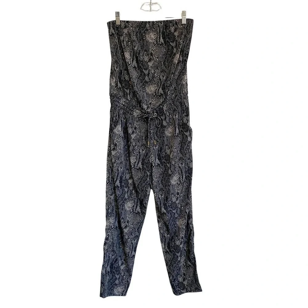 Express Womens Snakeskin Print Strapless Jumpsuit Grey Black XS Drawstring Waist